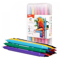 Фломастеры DELI "Color Emotion", 12 цветов, двусторонние, пластиковая упаковка
